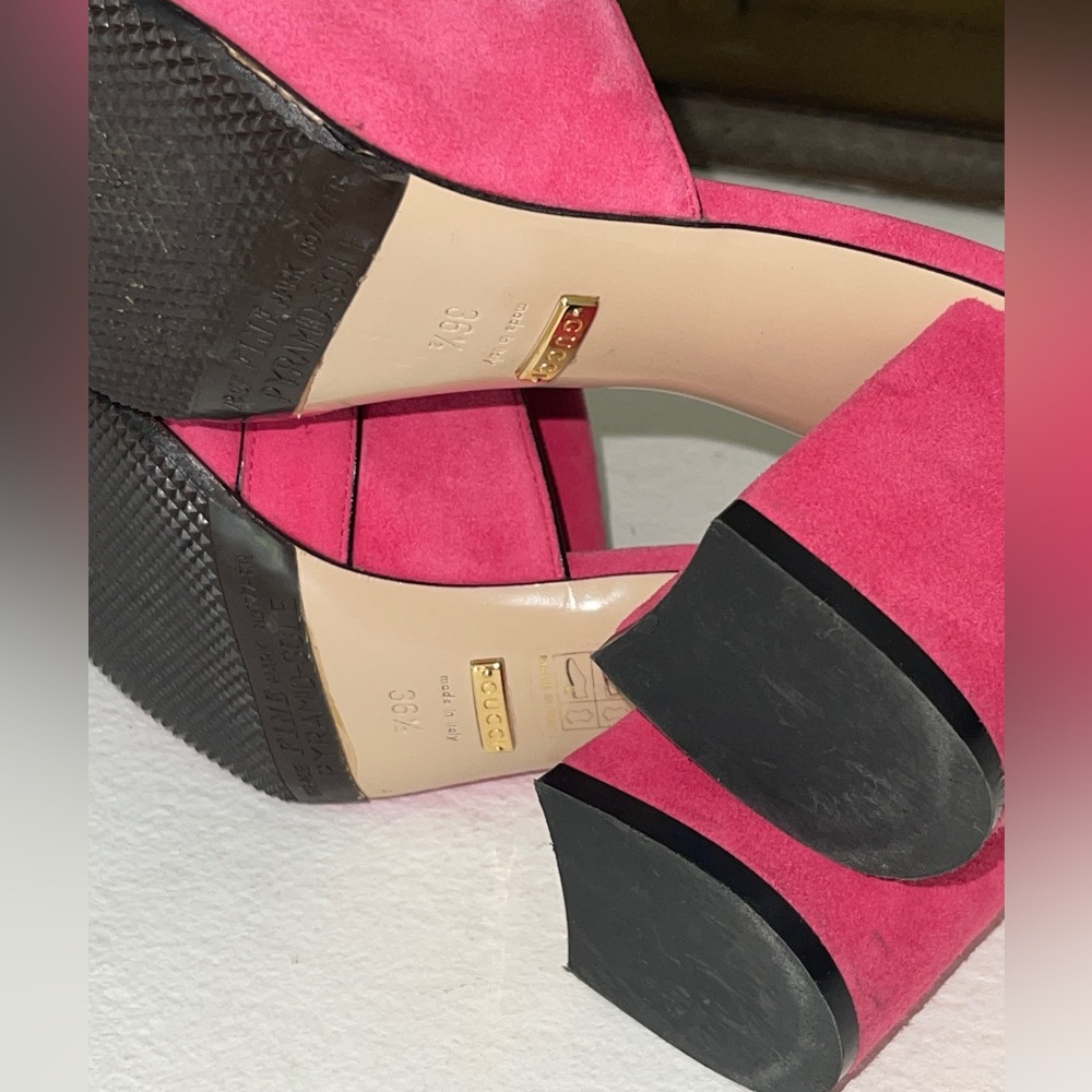 Gucci Hot Pink Suede Fringe Double G Block Heel Mules - Picture 16 of 16